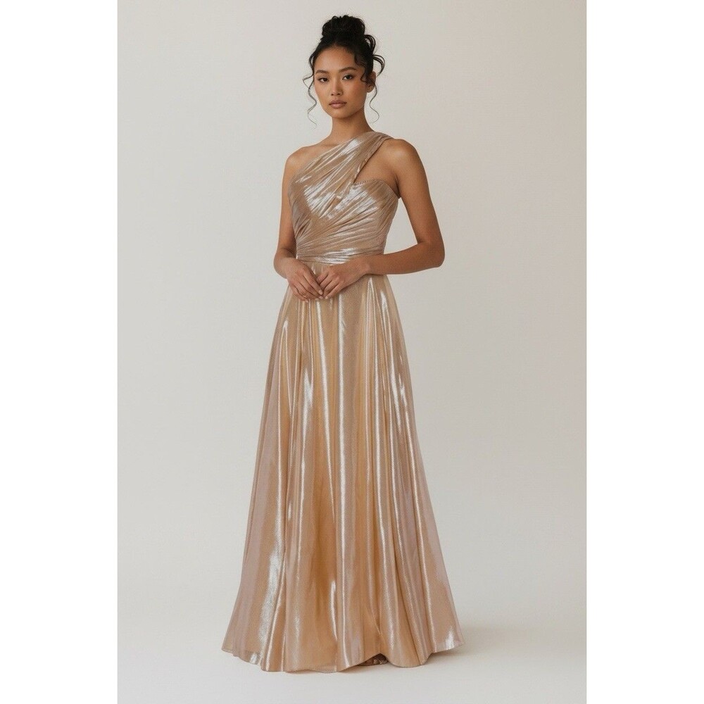 Romona Keveza Gown Womens 12 Beige Silk Metallic One Shoulder Formal Dress $6525